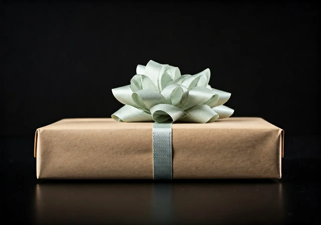 A wrapped gift box with delicate ribbon and bow. 35mm stock photo