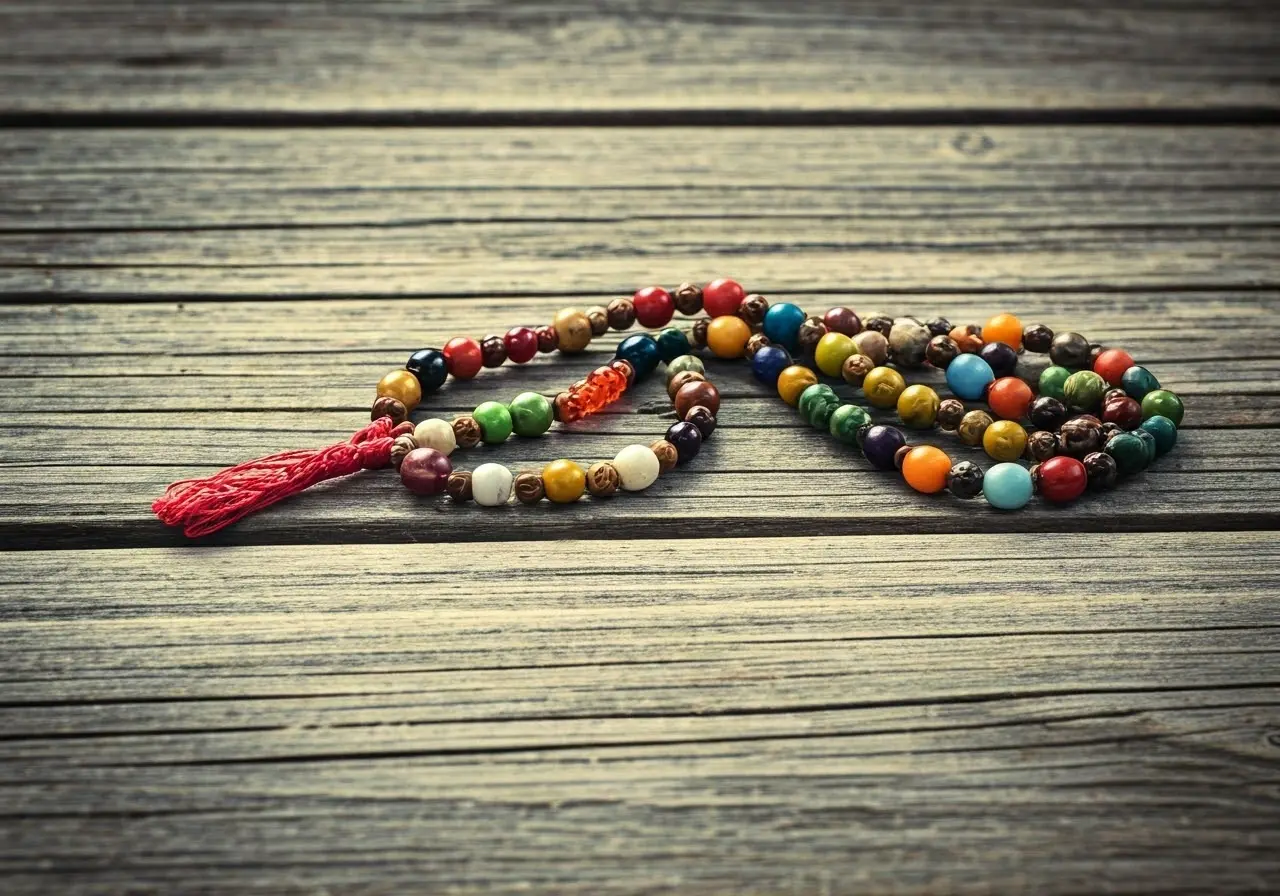 Colorful religious beads laid out on a rustic wooden table. 35mm stock photo