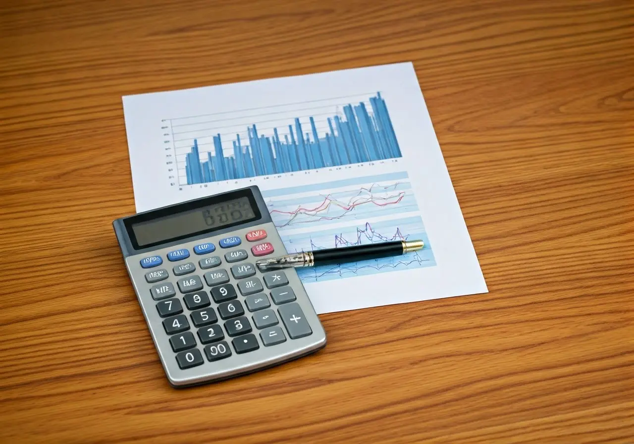 A calculator and financial charts on a wooden desk. 35mm stock photo