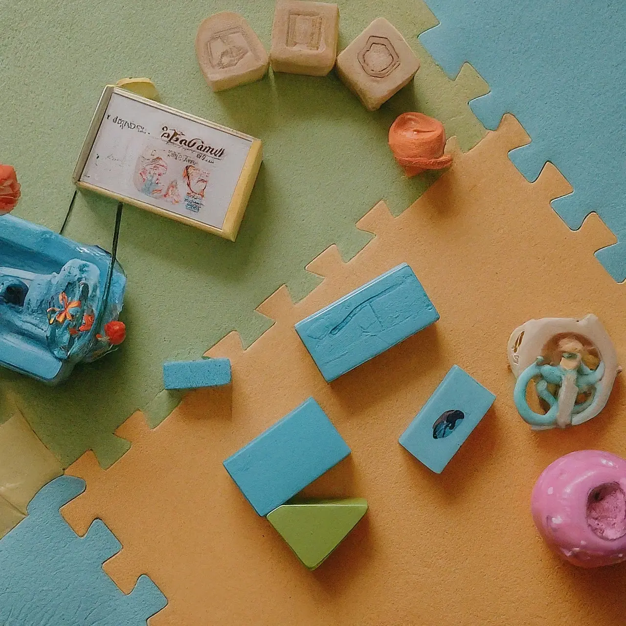 Colorful baby learning toys scattered on a soft play mat. 35mm stock photo