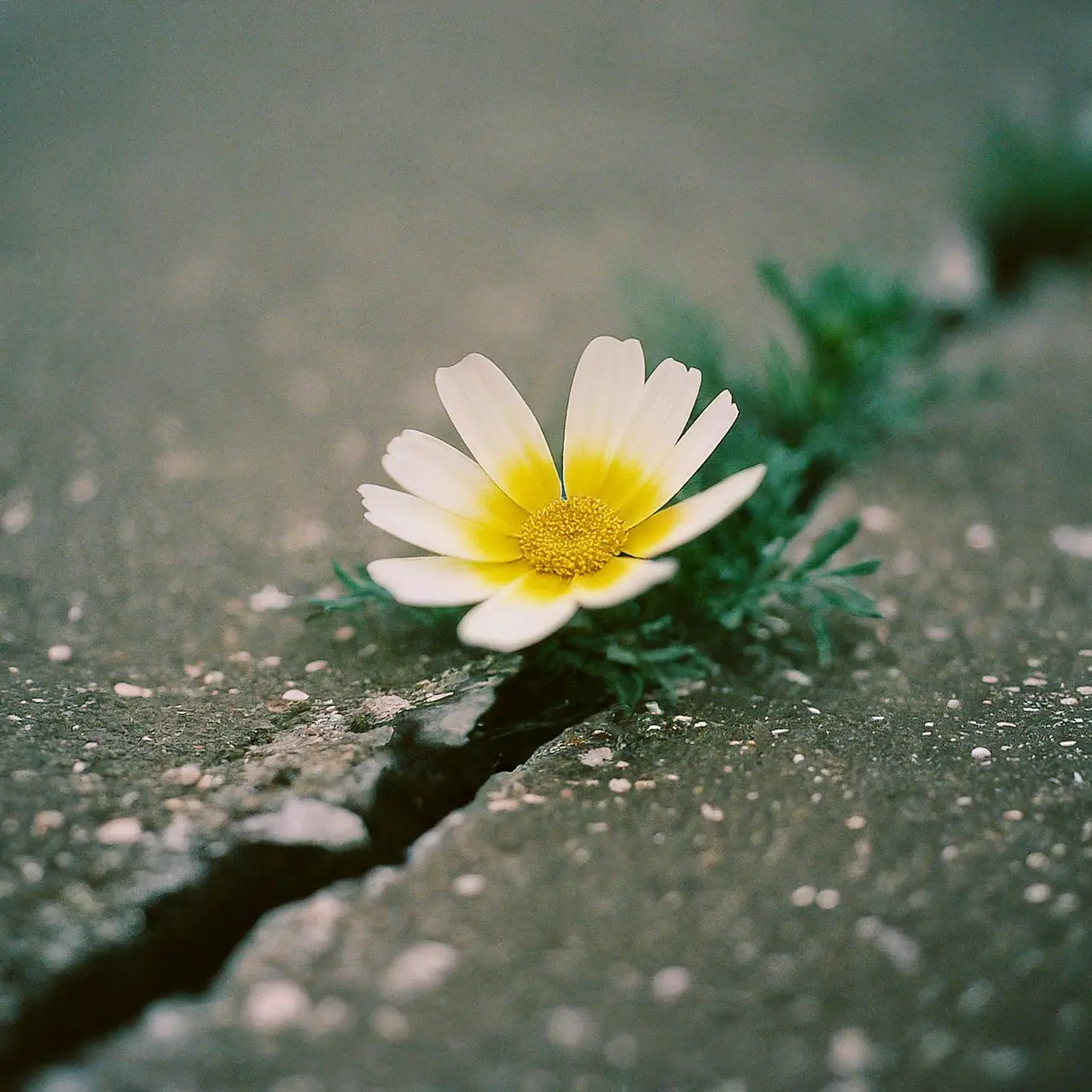 A blooming flower breaking through concrete. 35mm stock photo