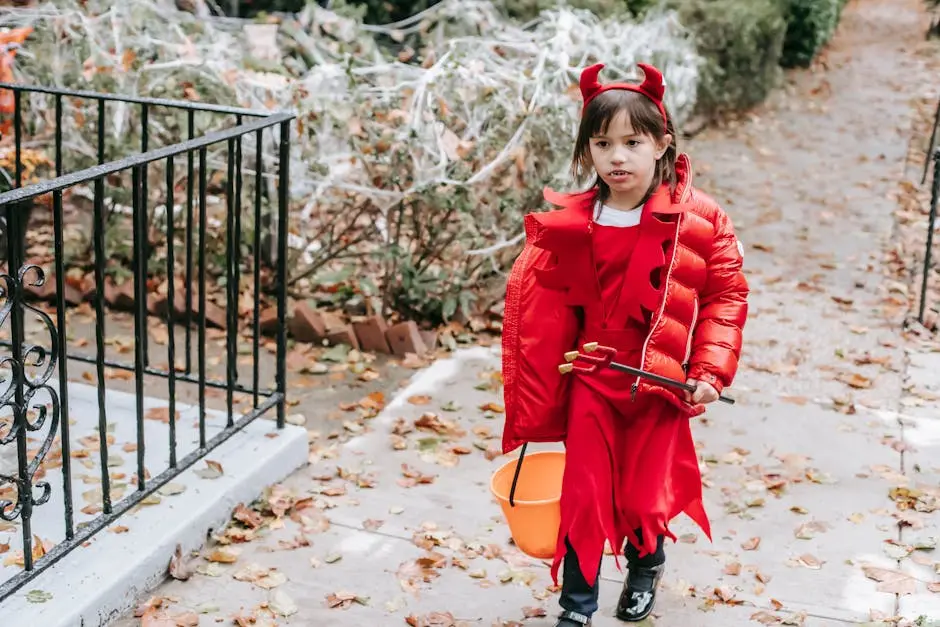 Little girl in red costume of devil for Halloween with horns and pitchfork walking on street in daytime in autumn