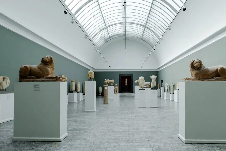 Art gallery interior with lion sculptures on display in Copenhagen, Denmark.