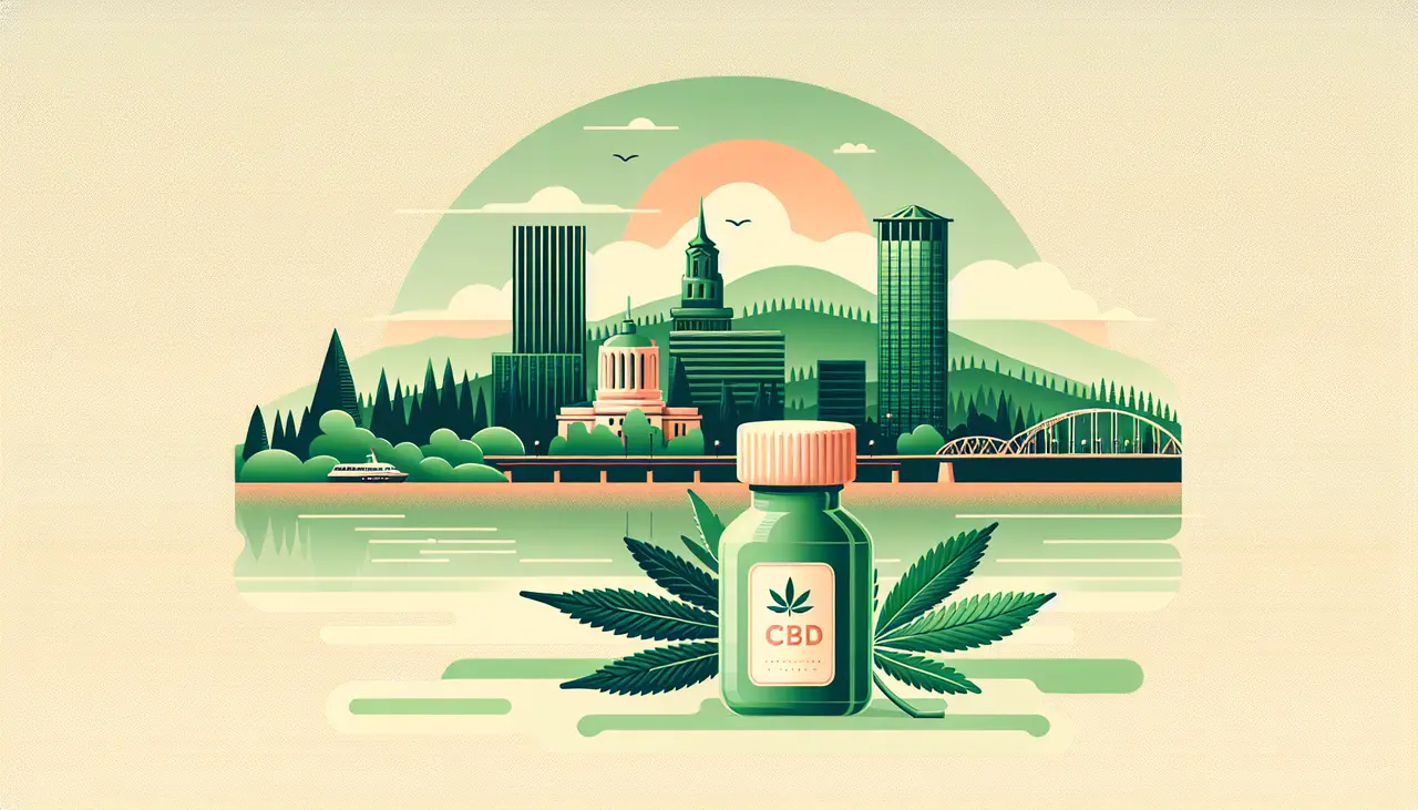 Draw a graphic in flat design style. A serene Portland skyline with a CBD oil bottle and a small leaf next to it.