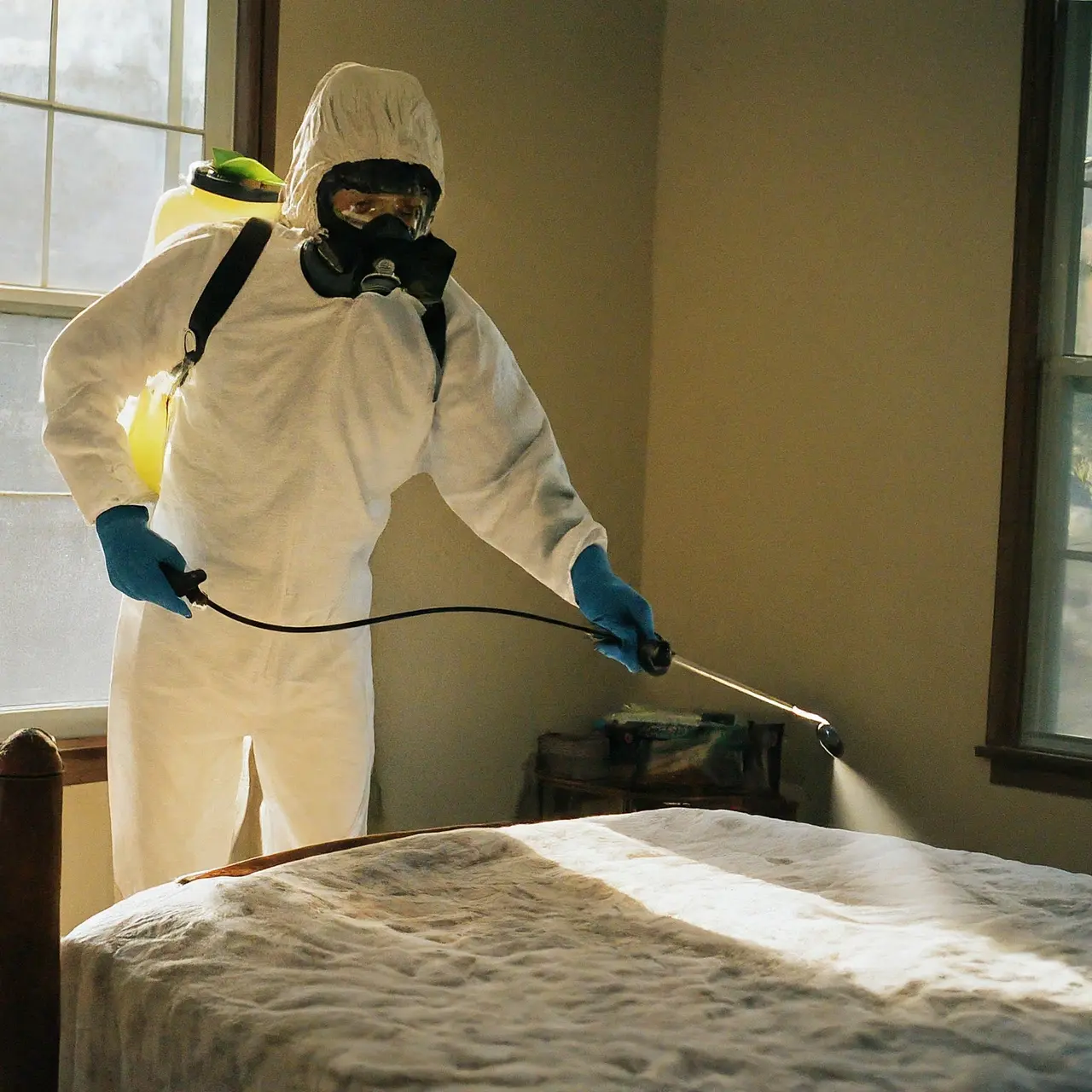 A bed bug exterminator spraying pesticide in a Texas home. 35mm stock photo