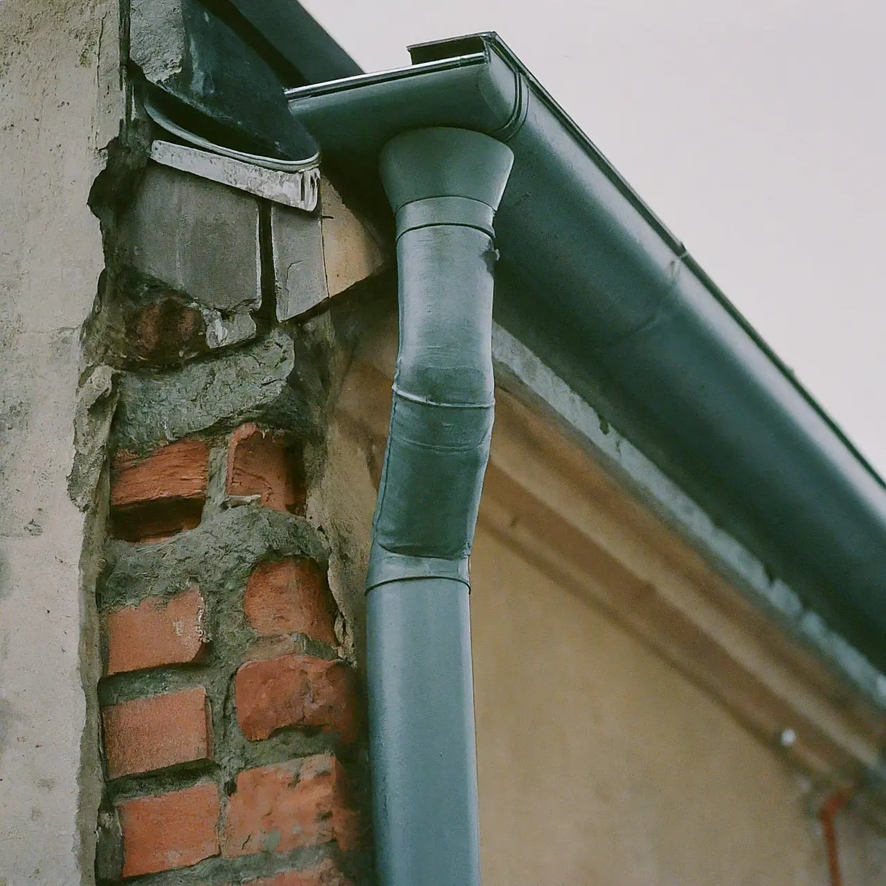 A close-up of damaged house gutters. 35mm stock photo