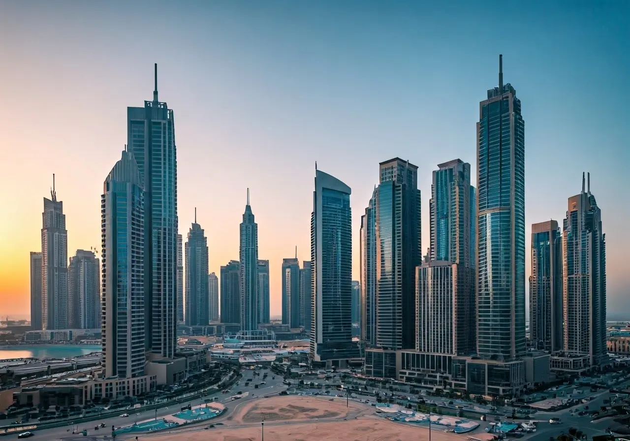 High-rise buildings against the Dubai skyline at sunset. 35mm stock photo