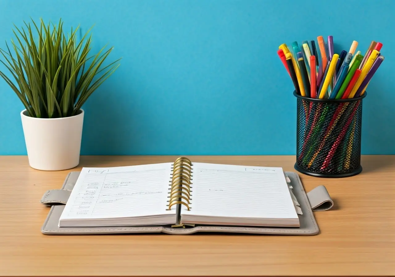 A neat desk with an open planner and colorful stationery. 35mm stock photo