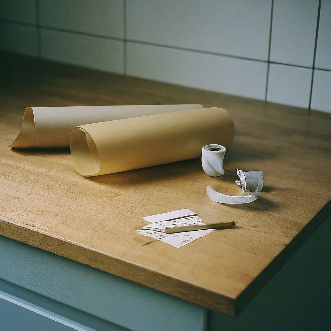 A stack of different types of edible paper on a kitchen surface. 35mm stock photo