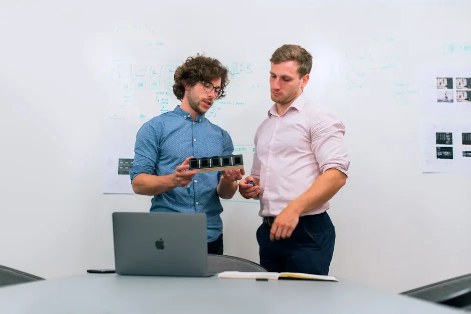 Two men in an office discussing and reviewing a tech prototype.