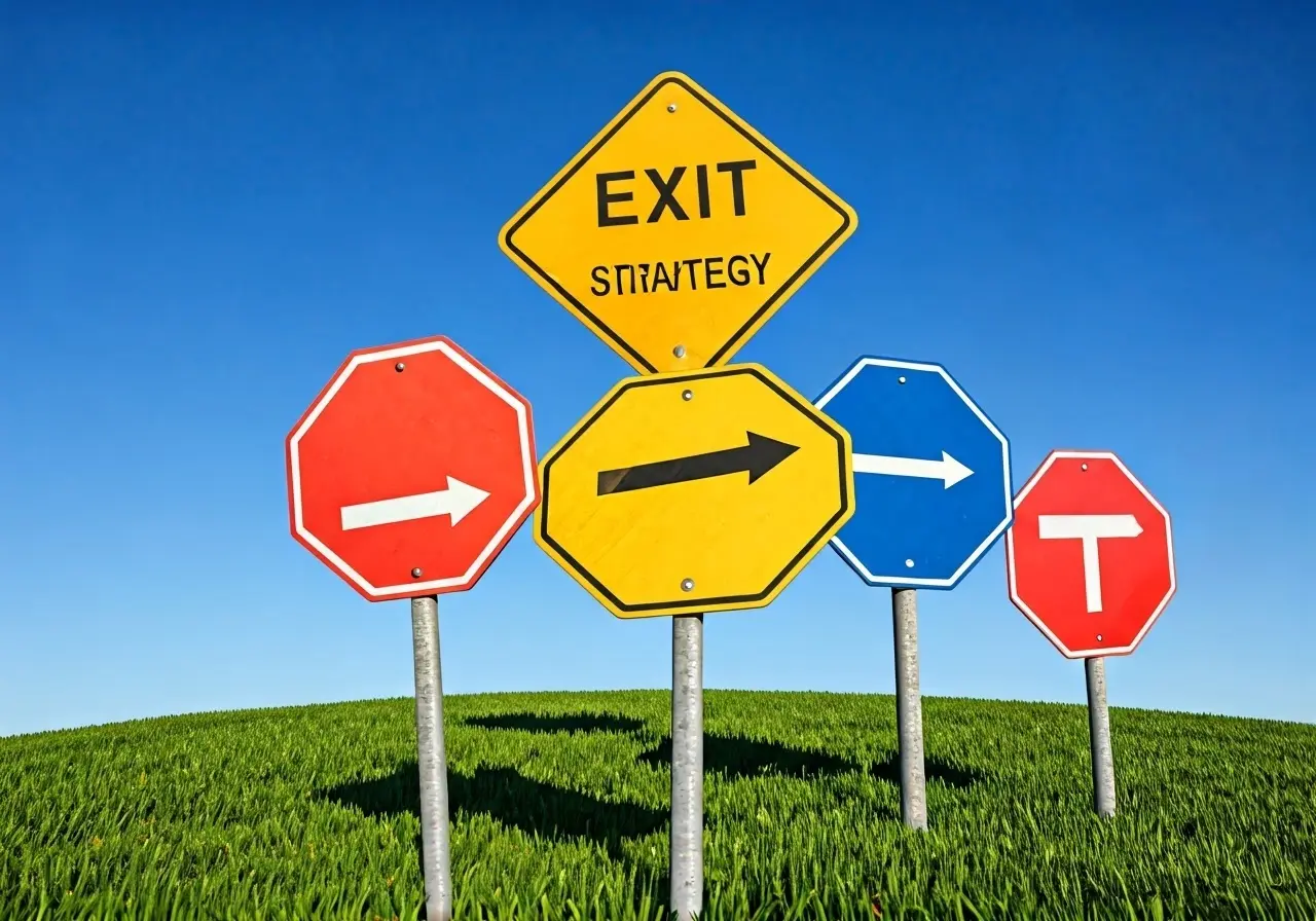 Business road signs pointing towards various exit strategy options. 35mm stock photo