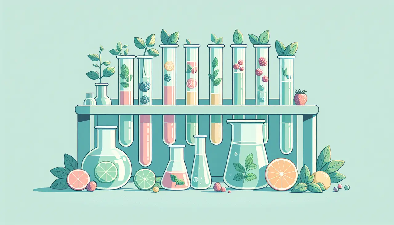 Draw a graphic in flat design style. A calm pastel color palette flat design of a science lab with test tubes containing various natural ingredients like mint leaves, berries, and citrus slices, with a simple background.