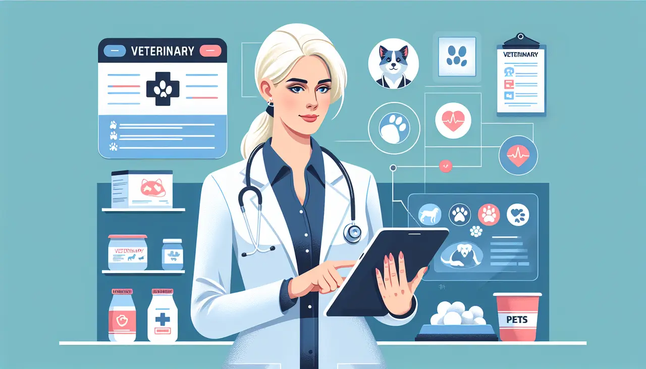 Draw a graphic in flat design style. Design an image of a veterinarian using a tablet with pet icons and a management software interface on the screen.