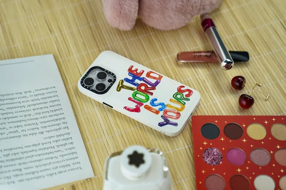 A phone case with a book, lipstick, and other items