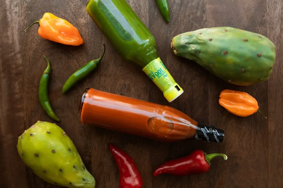 Vibrant display of hot sauces and peppers on a wooden surface, perfect for culinary themes.