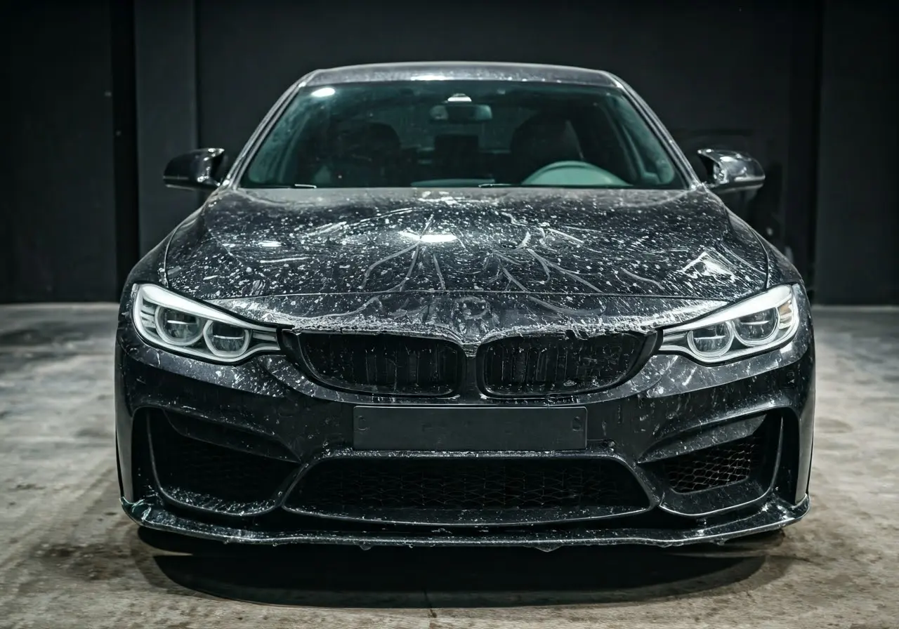 A car hood with freshly applied paint protection film. 35mm stock photo