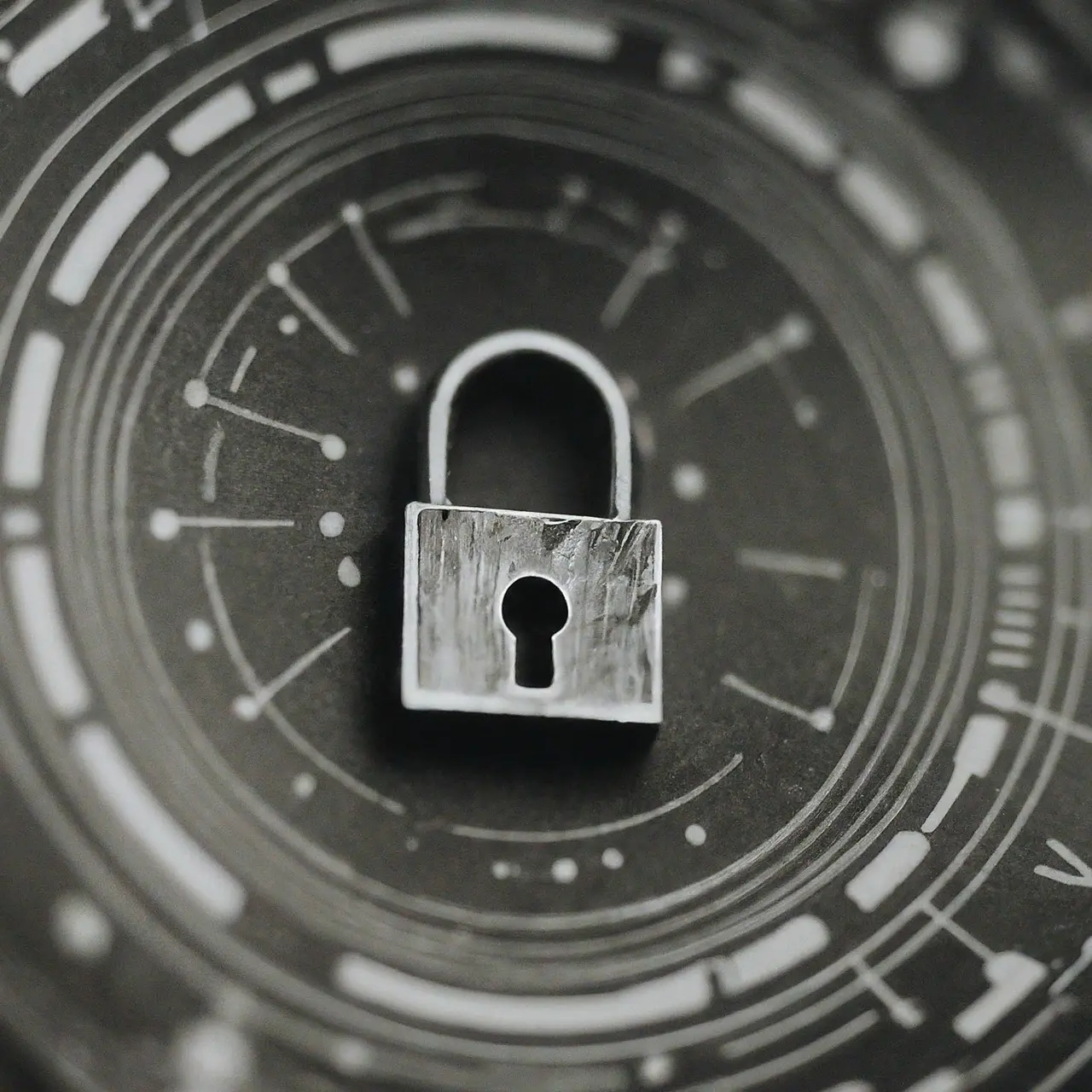 A protected padlock encircled by digital network symbols. 35mm stock photo