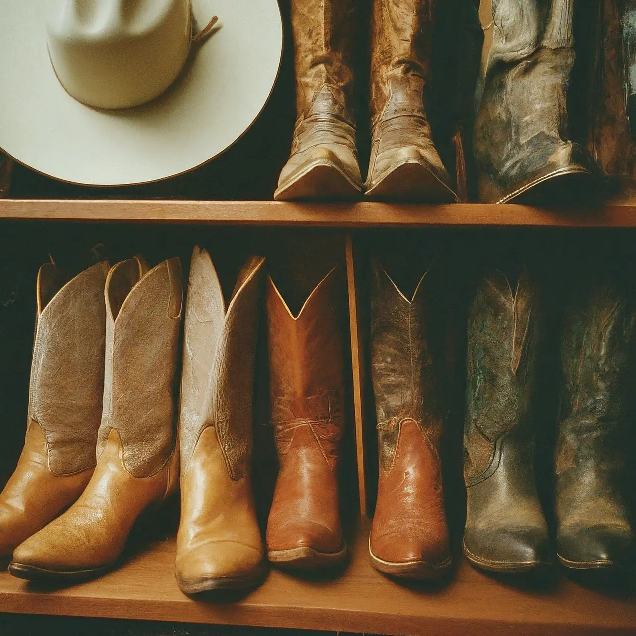 A collection of vintage western boots and hats on display. 35mm stock photo