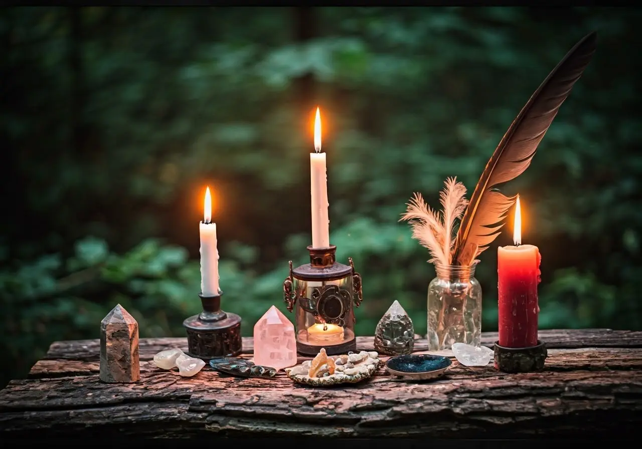 An altar with candles, crystals, and feathers in nature. 35mm stock photo