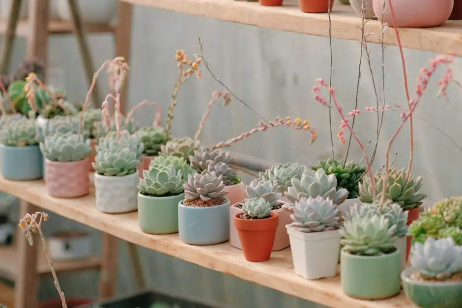 A diverse array of potted succulents beautifully arranged on a wooden shelf indoors.