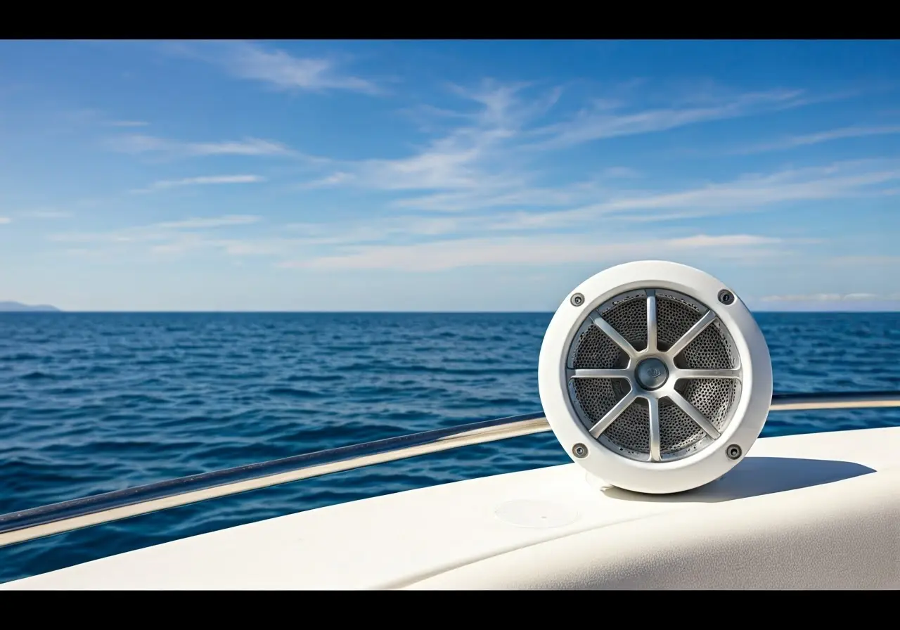 Marine speakers on a boat against an ocean backdrop. 35mm stock photo