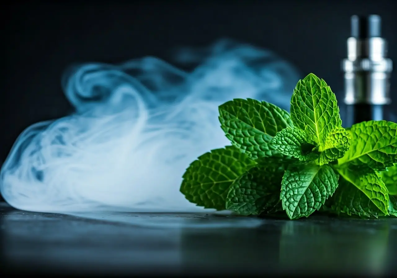 Mint leaves with vape clouds in the background. 35mm stock photo