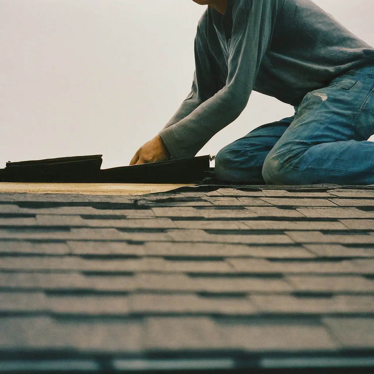 A roofer repairing shingles on a house rooftop. 35mm stock photo