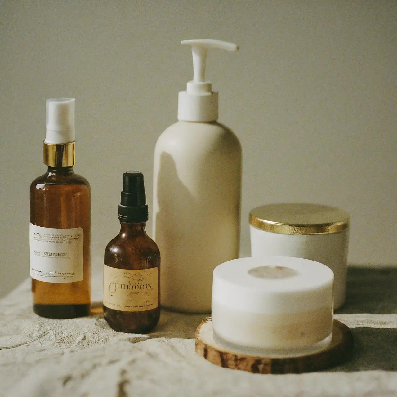 A variety of clean beauty products elegantly arranged on a table. 35mm stock photo