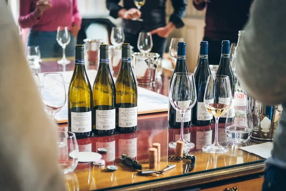 A vibrant wine tasting event showcasing bottles and glasses on a table in Beaune, France.