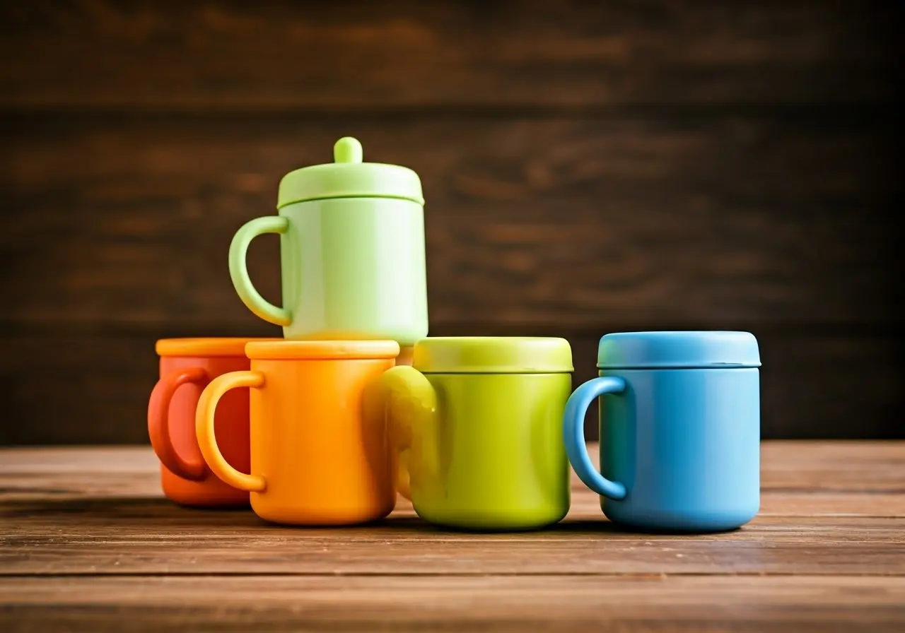 A variety of colorful baby cups on a wooden table. 35mm stock photo