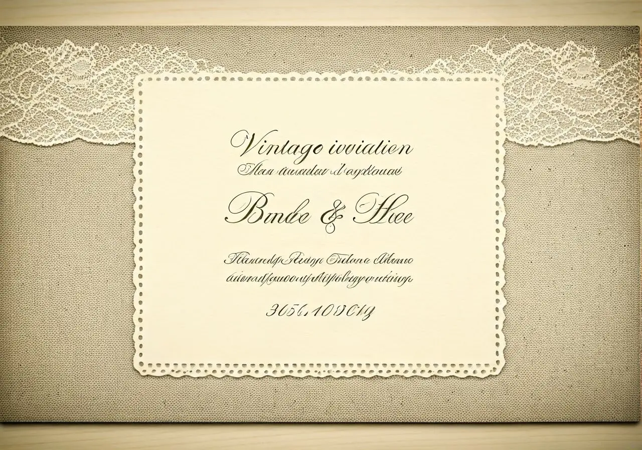 An elegant floral vintage wedding invitation with a lace border. 35mm stock photo