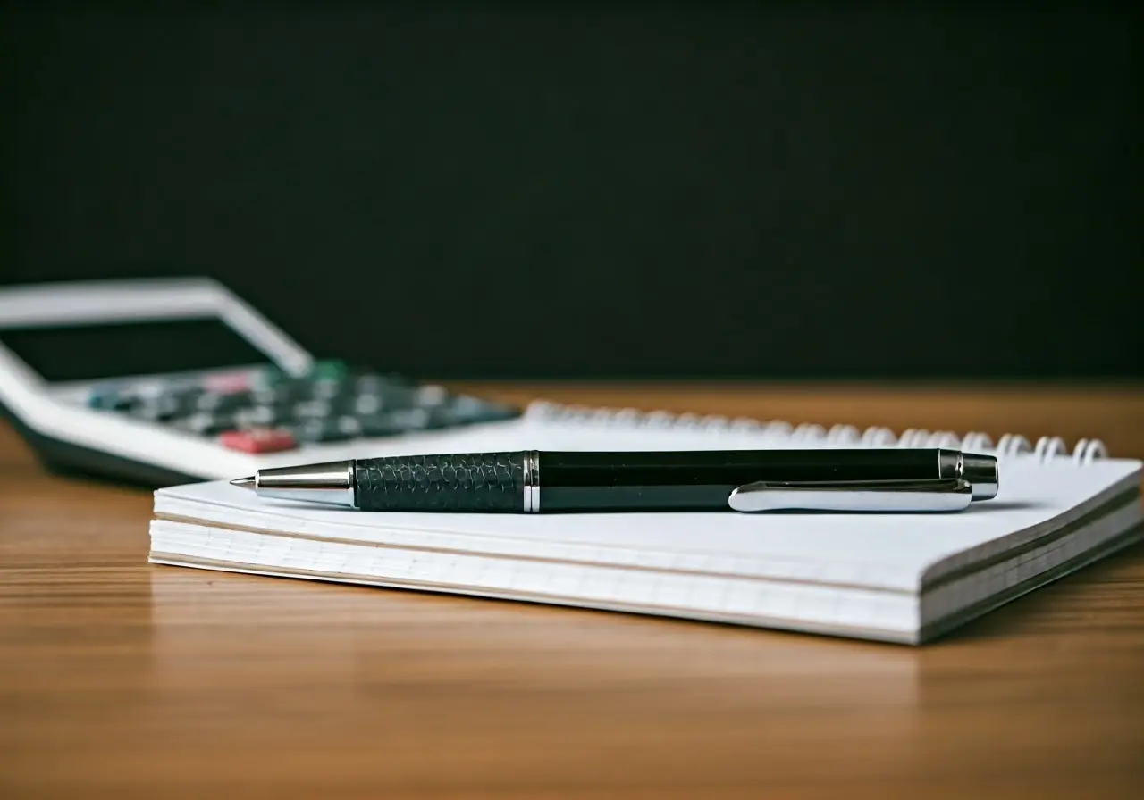 A calculator, pen, and notebook on a clean desk. 35mm stock photo