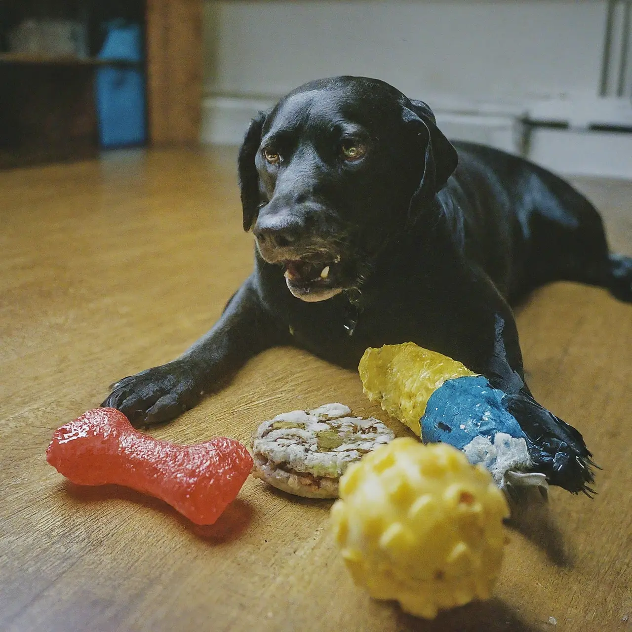 A playful dog enjoying various colorful pet toys. 35mm stock photo