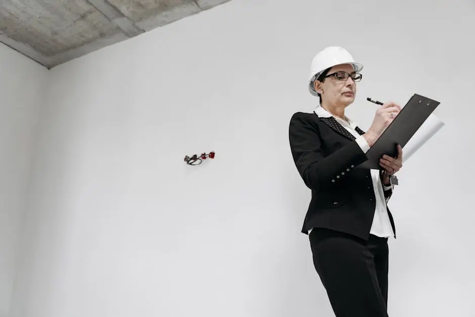 Woman in Black Suit and White Helmet Standing Near White Wall and Making Notes