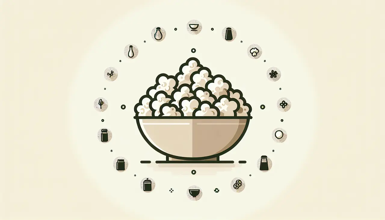 Draw a graphic in flat design style. A bowl of fluffy organic popcorn with a minimalistic background, featuring a few small icons of salt, butter, and spices around the bowl for flavoring ideas.