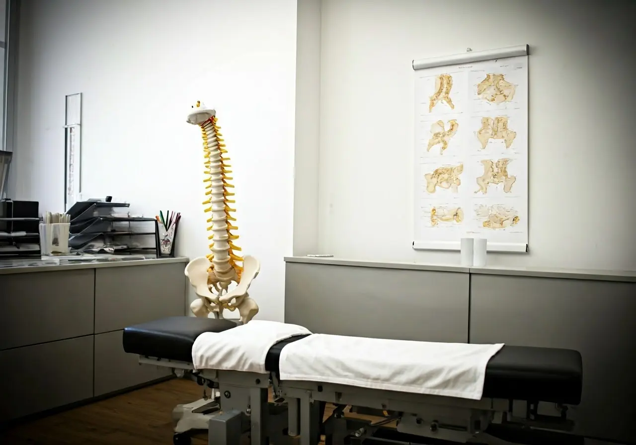 A chiropractor’s office with a spine model and diagrams. 35mm stock photo