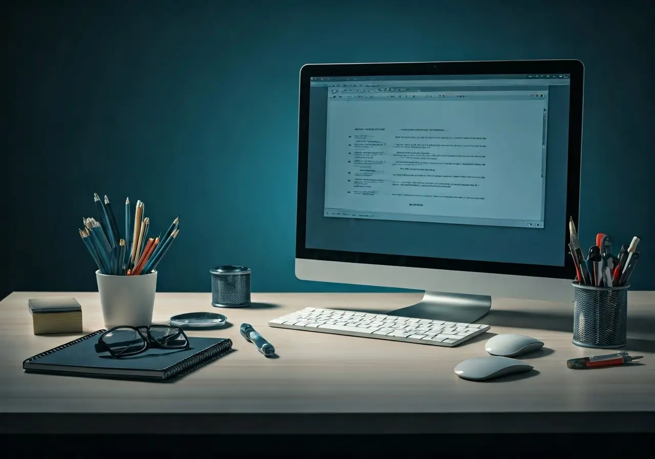 A busy computer helpdesk with tech tools and gadgets. 35mm stock photo