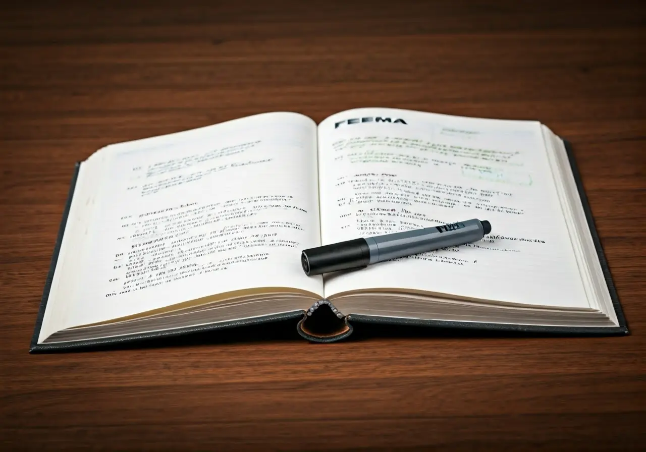 An open FEMA guidebook with highlighter and notes. 35mm stock photo