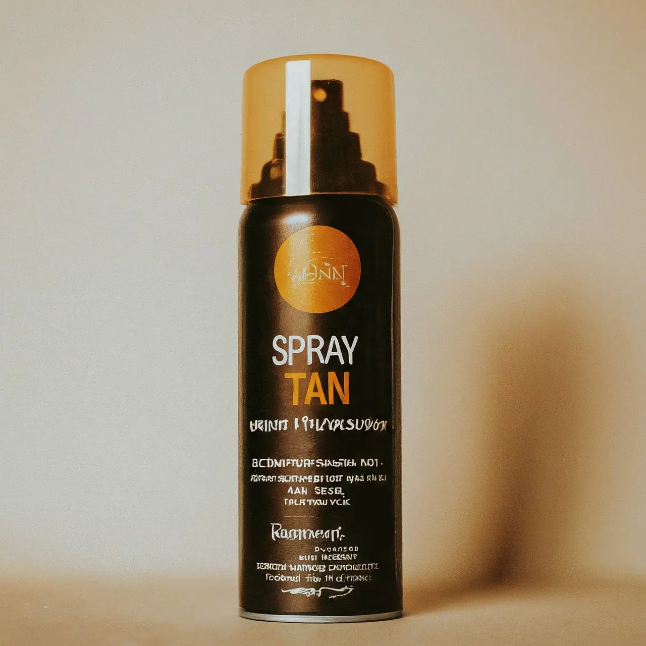 Close-up of a spray tan bottle against a light background. 35mm stock photo