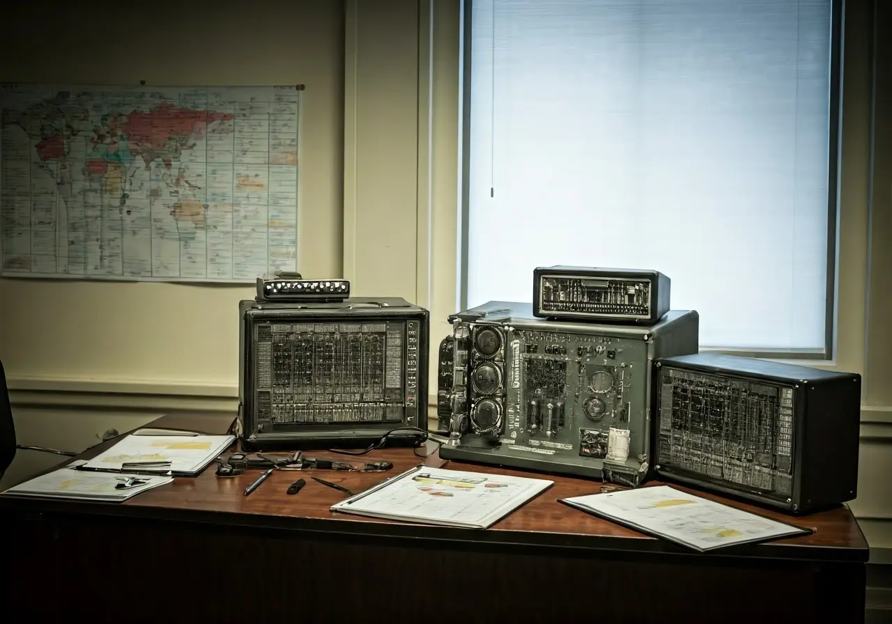 An emergency planning meeting room filled with charts and equipment. 35mm stock photo