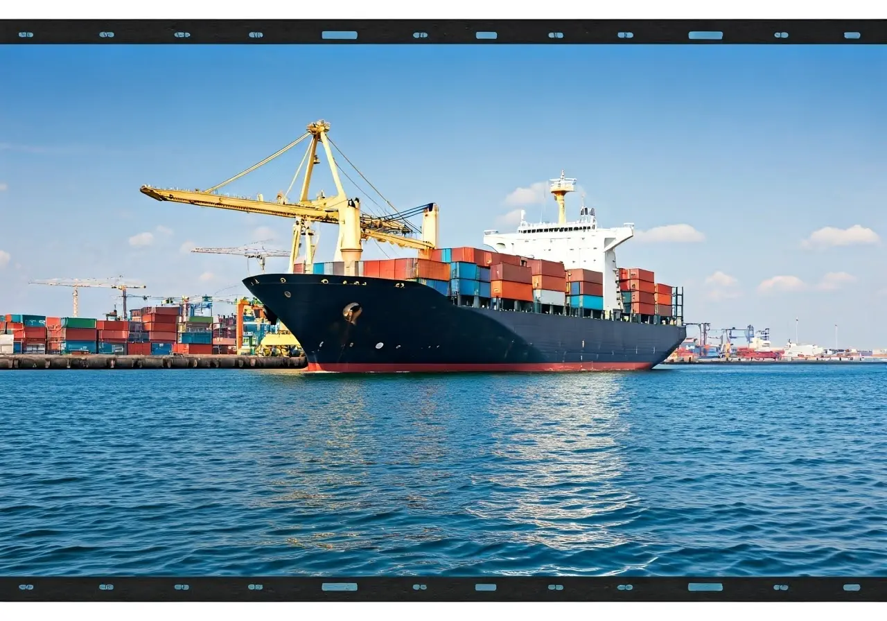 Cargo ship navigating through a bustling international port. 35mm stock photo