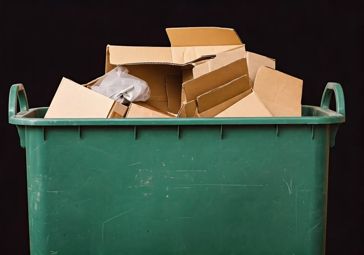 A recycling bin filled with flattened cardboard boxes. 35mm stock photo