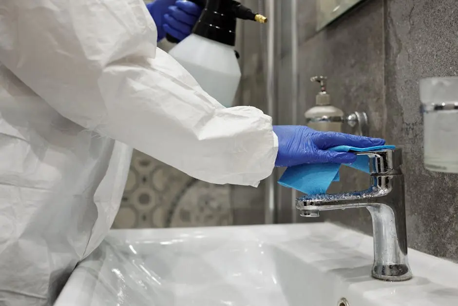 Close-up of a person disinfecting a bathroom sink with gloves and spray bottle.