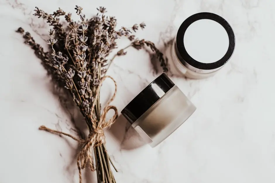 Elegant display of skincare products and lavender on a marble surface.