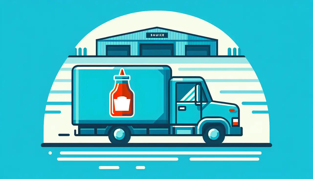 Draw a graphic in flat design style. Image Prompt: A flat design of a delivery truck with a sauce bottle icon on it, driving towards a warehouse.