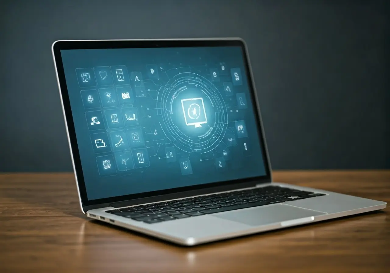 A laptop with digital marketing icons on its screen. 35mm stock photo