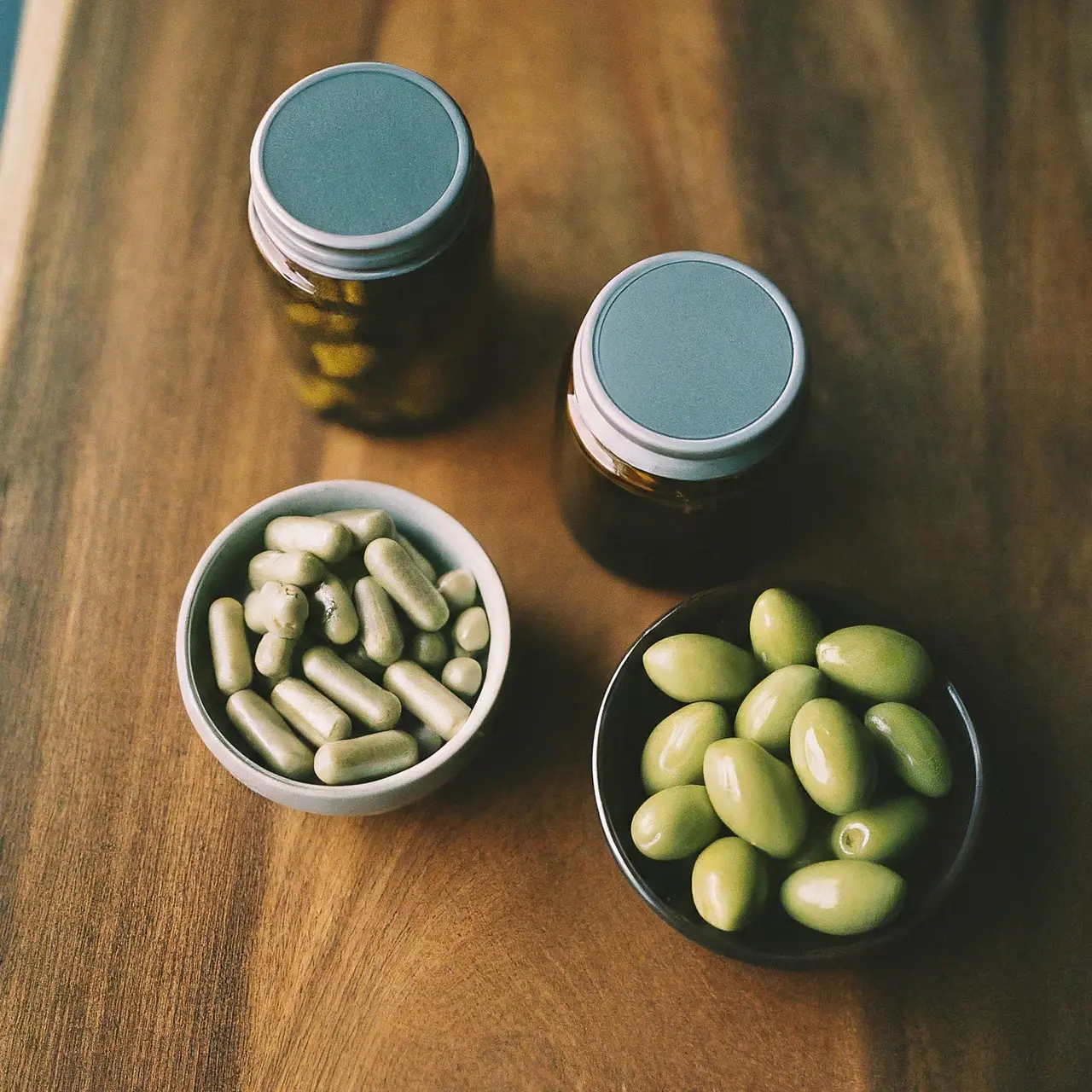 A variety of olive-based supplements on a wooden table. 35mm stock photo