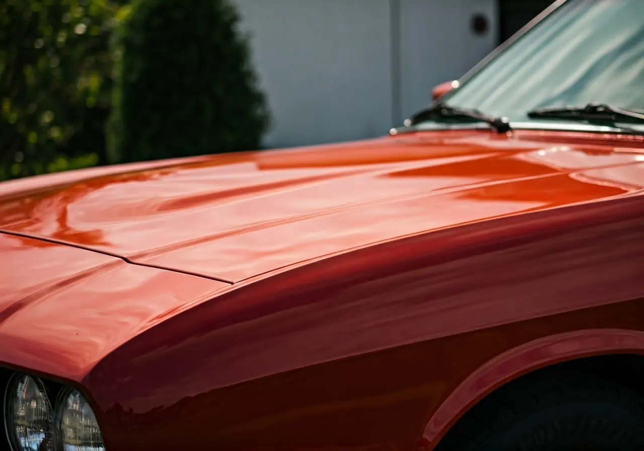 A gleaming car hood reflecting sunlight, showcasing paint protection. 35mm stock photo