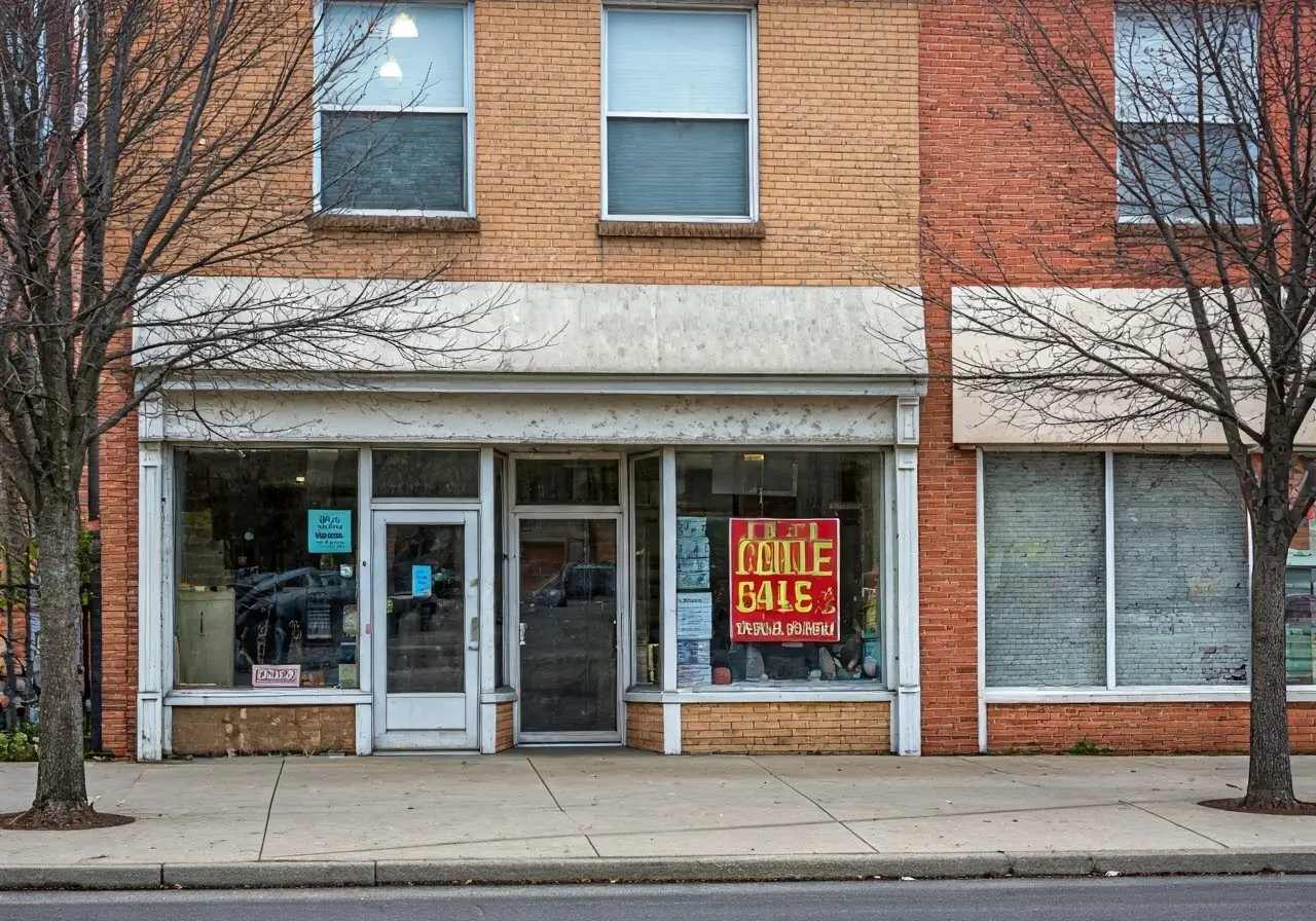 A small storefront with a For Sale sign. 35mm stock photo