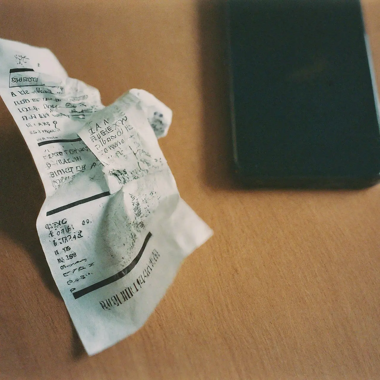 A crumpled paper receipt and a smartphone on a desk. 35mm stock photo